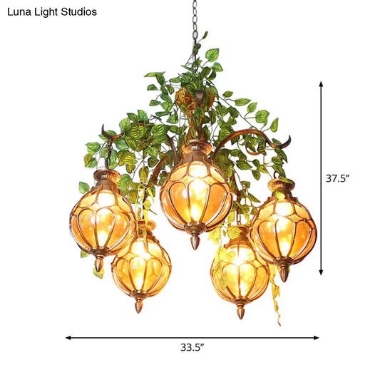 Antique Amber Glass Chandelier With Brass Finish - Perfect For Dining Room Lighting (5/9 Lights)