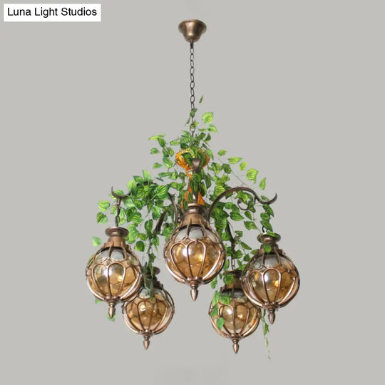 Antique Amber Glass Chandelier With Brass Finish - Perfect For Dining Room Lighting (5/9 Lights)