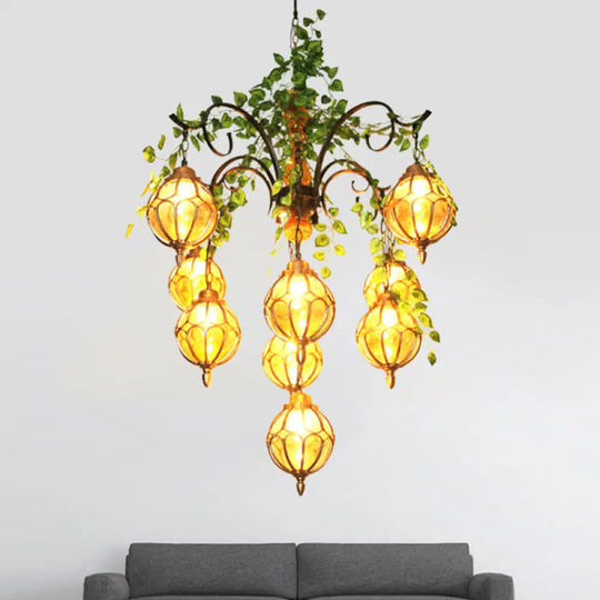 Antique Amber Glass Chandelier With Brass Finish - Perfect For Dining Room Lighting (5/9 Lights) 9 /