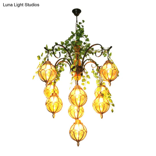 Antique Amber Glass Chandelier With Brass Finish - Perfect For Dining Room Lighting (5/9 Lights)