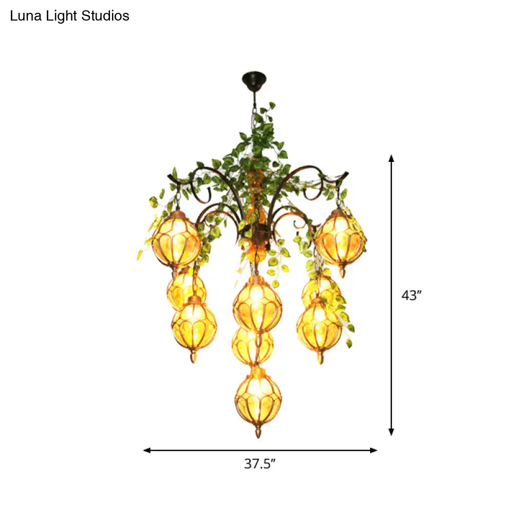 Antique Amber Glass Chandelier With Brass Finish - Perfect For Dining Room Lighting (5/9 Lights)