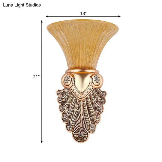 Antique Amber Prism Glass Wall Lamp - 1 Light Bedroom Sconce With Gold Peacock Tail Base 10/13 Wide