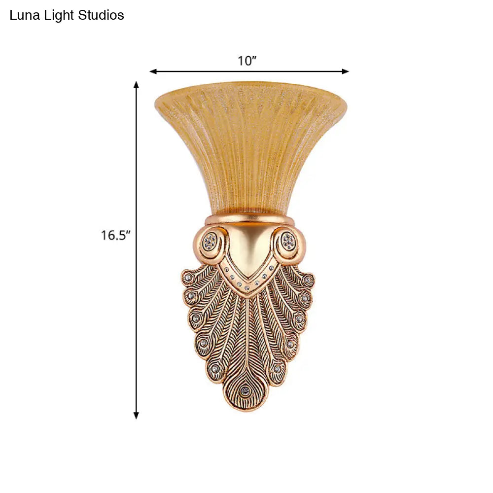 Antique Amber Prism Glass Wall Lamp - 1 Light Bedroom Sconce With Gold Peacock Tail Base 10/13 Wide