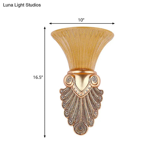 Antique Amber Prism Glass Wall Lamp - 1 Light Bedroom Sconce With Gold Peacock Tail Base 10/13 Wide