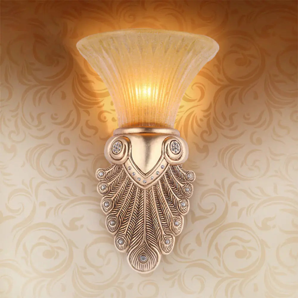 Antique Amber Prism Glass Wall Lamp - 1 Light Bedroom Sconce With Gold Peacock Tail Base 10/13 Wide