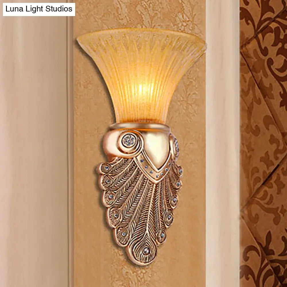 Antique Amber Prism Glass Wall Lamp - 1 Light Bedroom Sconce With Gold Peacock Tail Base 10/13 Wide