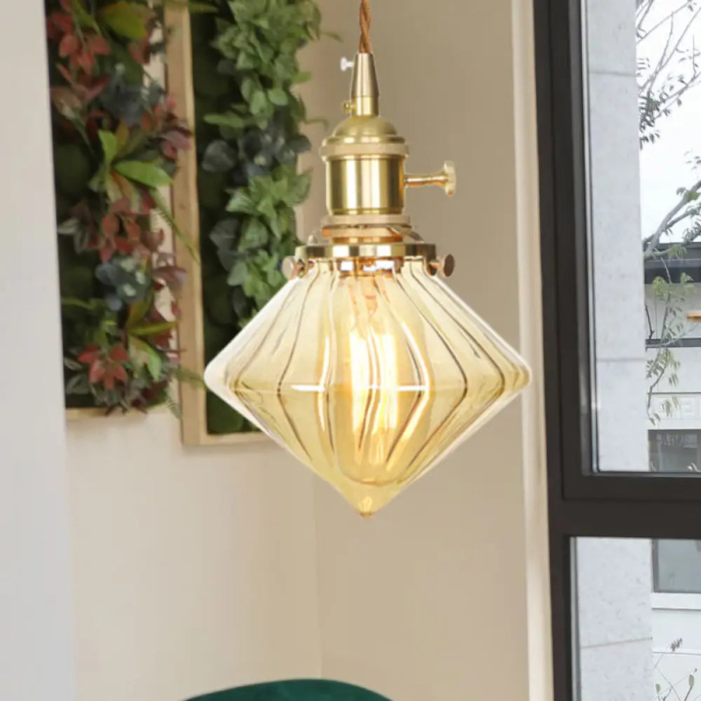 Antique Amber Ribbed Glass Hanging Light - Adjustable Single Ceiling Pendant / 1