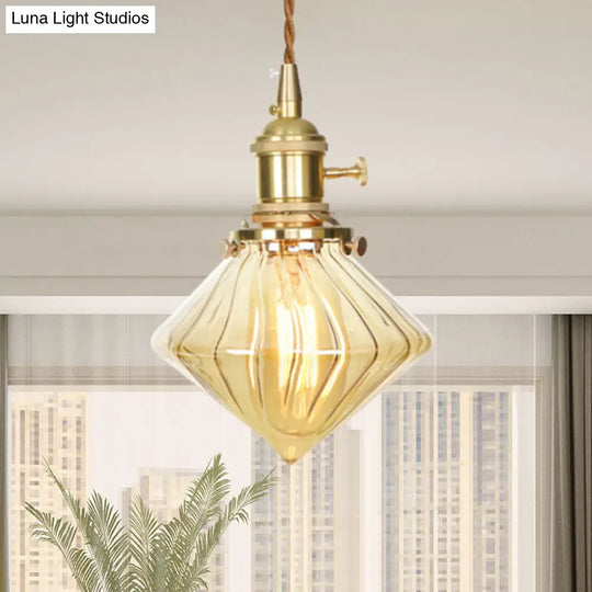 Vintage Ribbed Glass Hanging Light - Amber Gem- Single Ceiling Pendant With Adjustable Height