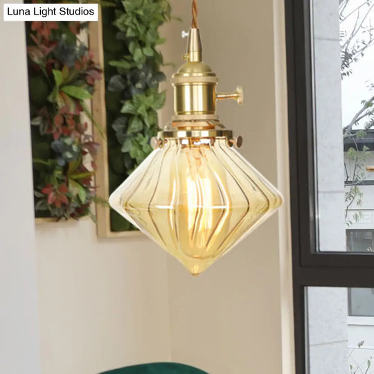 Vintage Ribbed Glass Hanging Light - Amber Gem- Single Ceiling Pendant With Adjustable Height / 1