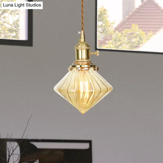 Vintage Ribbed Glass Hanging Light - Amber Gem- Single Ceiling Pendant With Adjustable Height