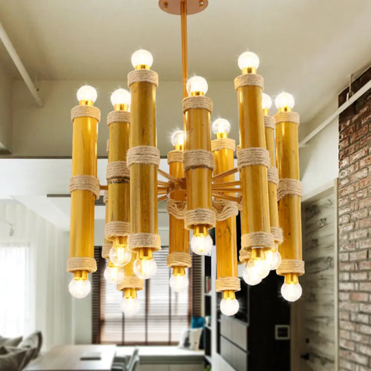 Antique Bamboo Tube Rope Chandelier - 24-Light Yellow Pendant Lamp For Living Room