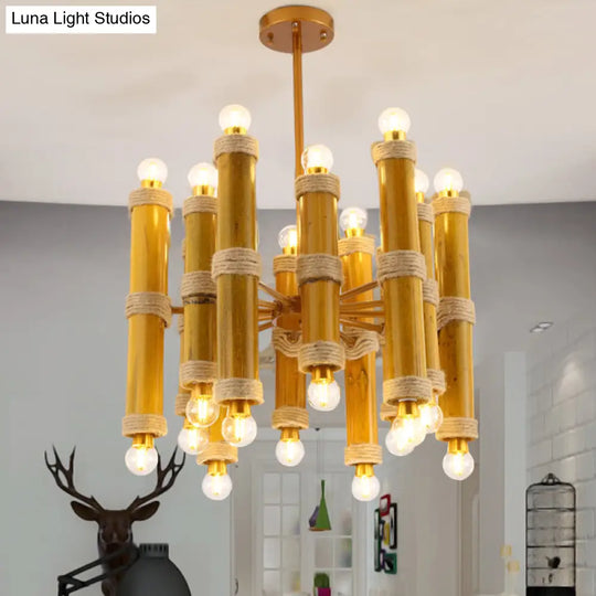 Antique Bamboo Tube Rope Chandelier - 24-Light Yellow Pendant Lamp For Living Room