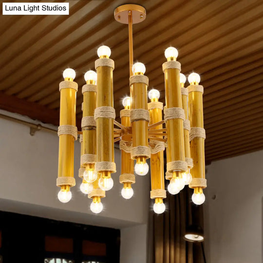 Antique Bamboo Tube Rope Chandelier - 24-Light Yellow Pendant Lamp For Living Room