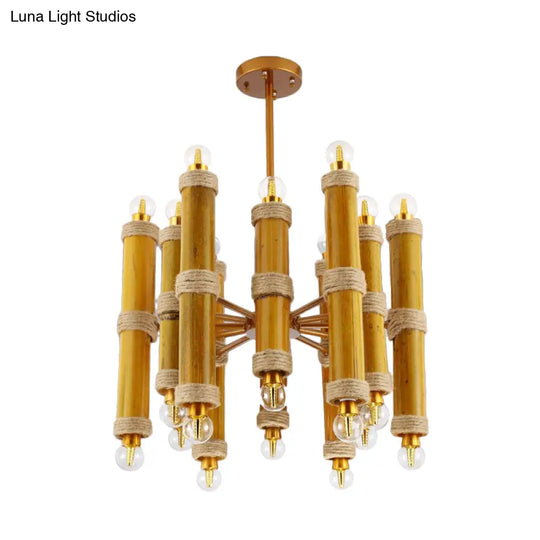 Antique Bamboo Tube Rope Chandelier - 24-Light Yellow Pendant Lamp For Living Room