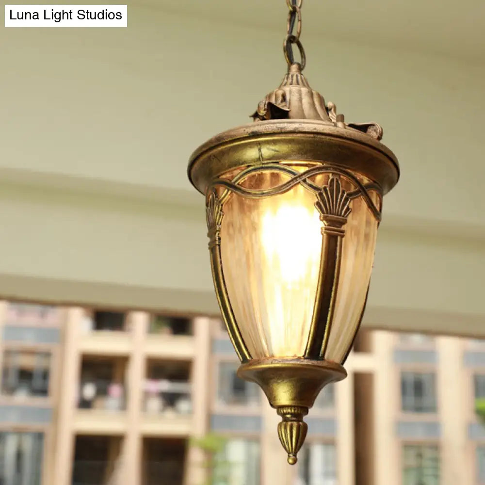 Antique Bell Shaped Ribbed Glass Pendant Light For Outdoor - Single Bulb Drop Suspension Lighting