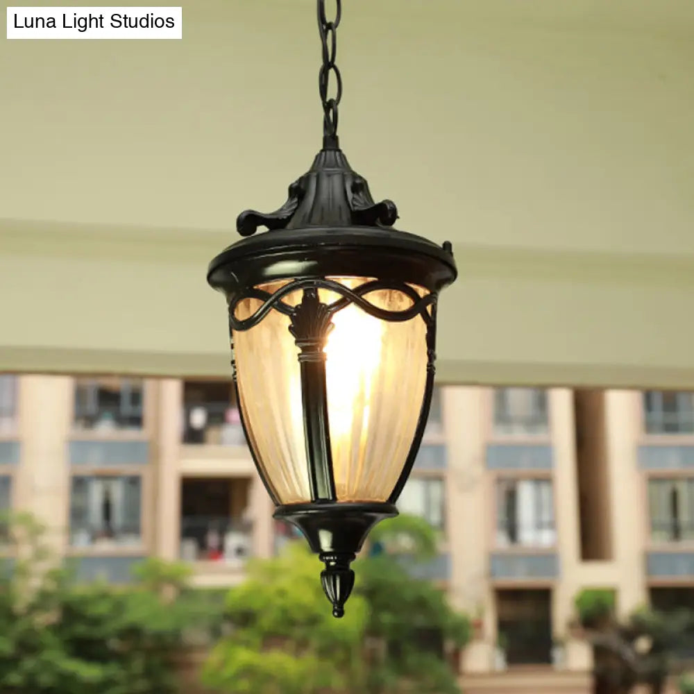 Antique Bell Shaped Ribbed Glass Pendant Light For Outdoor - Single Bulb Drop Suspension Lighting