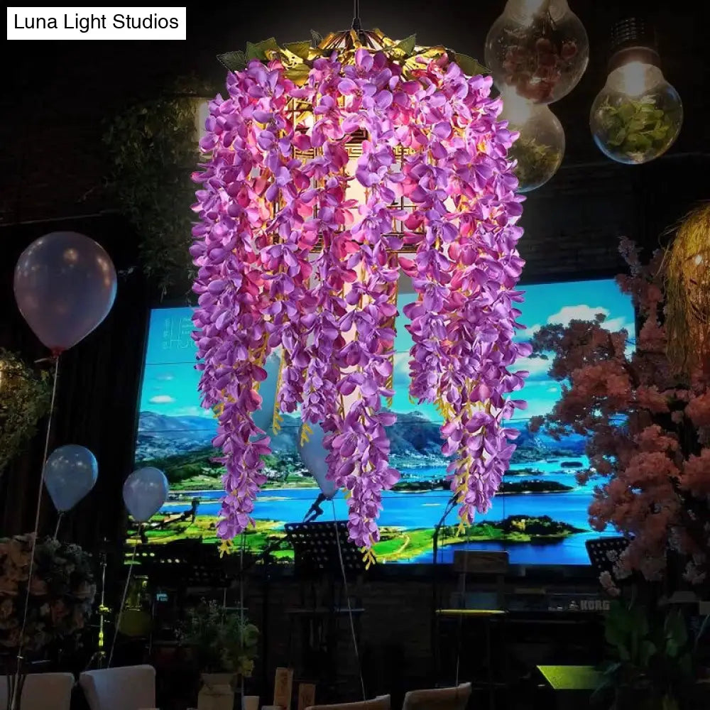 Metal Birdcage Restaurant Pendant Light Fixture With Led Down Lighting Antique Pink/Purple/Green