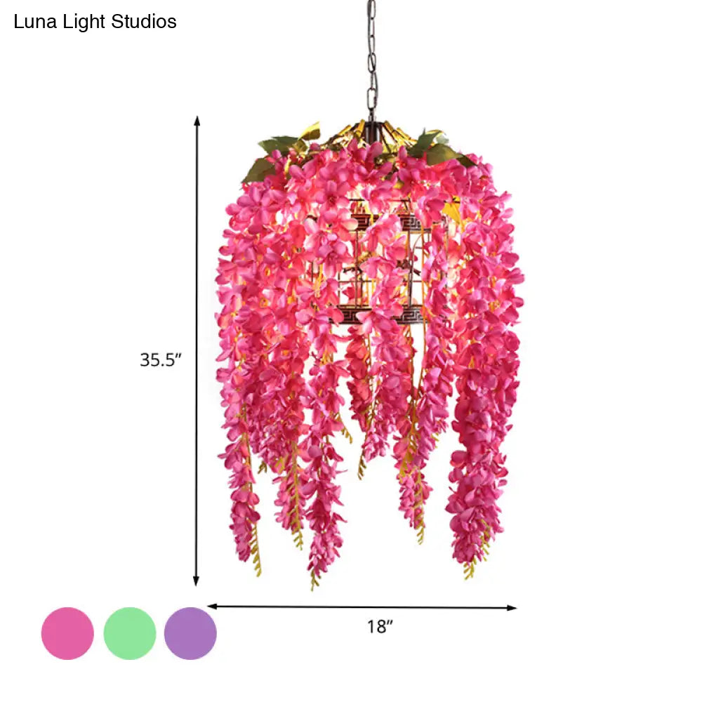 Antique Birdcage Led Pendant Light Fixture With Flower And Down Lighting In Pink/Purple/Green