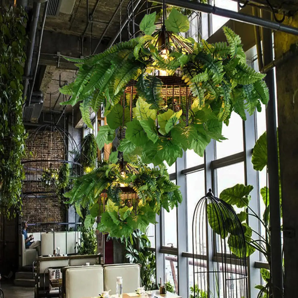 Antique Birdcage Metal Pendant Light With Led And Plant Design For Restaurants - Black