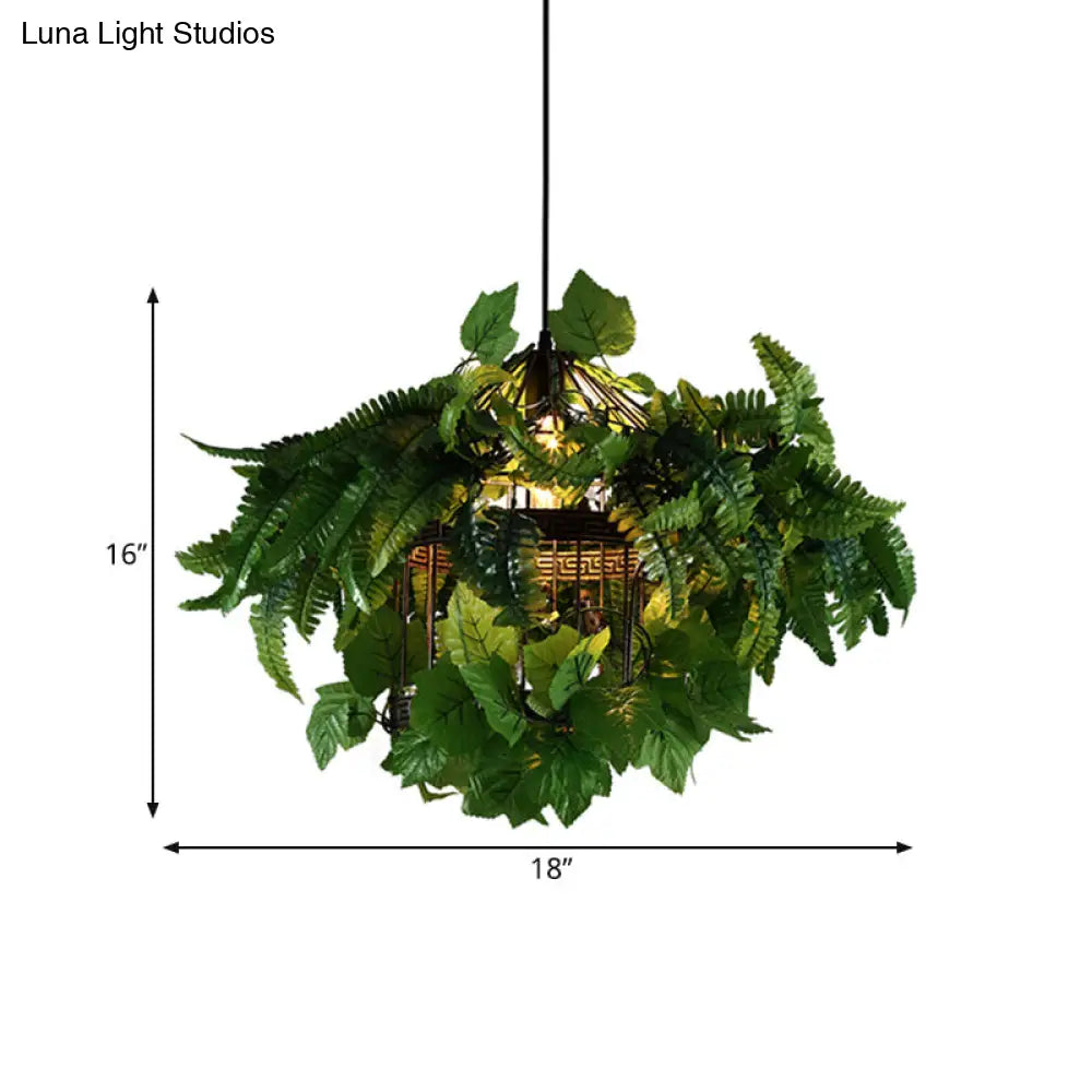 Antique Birdcage Suspension Pendant Lamp With Plant Design & Led Light For Restaurants - Black Metal