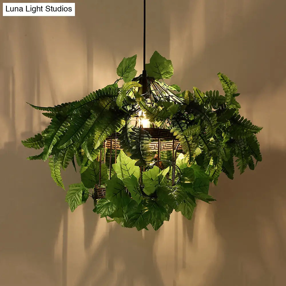 Antique Birdcage Suspension Pendant Lamp With Plant Design & Led Light For Restaurants - Black Metal