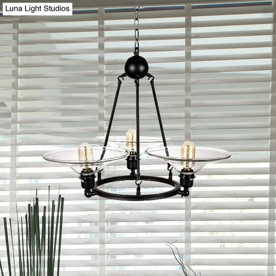 Antique Black Chandelier With Clear Glass Cone Pendant - 3-Light Fixture For Living Room