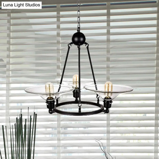 Antique Black Chandelier - 3-Light Clear Glass Cone Pendant Lamp For Living Room