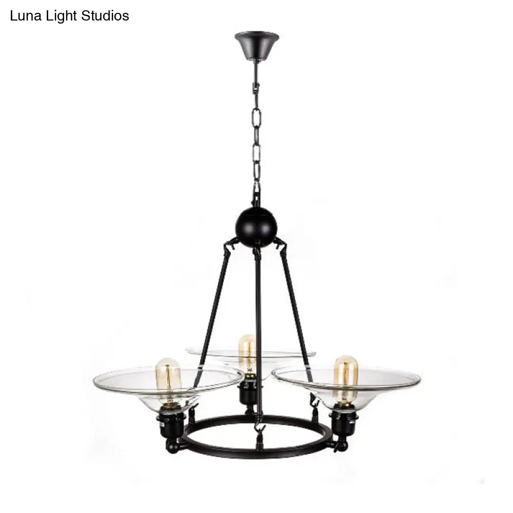 Antique Black Chandelier With Clear Glass Cone Pendant - 3-Light Fixture For Living Room