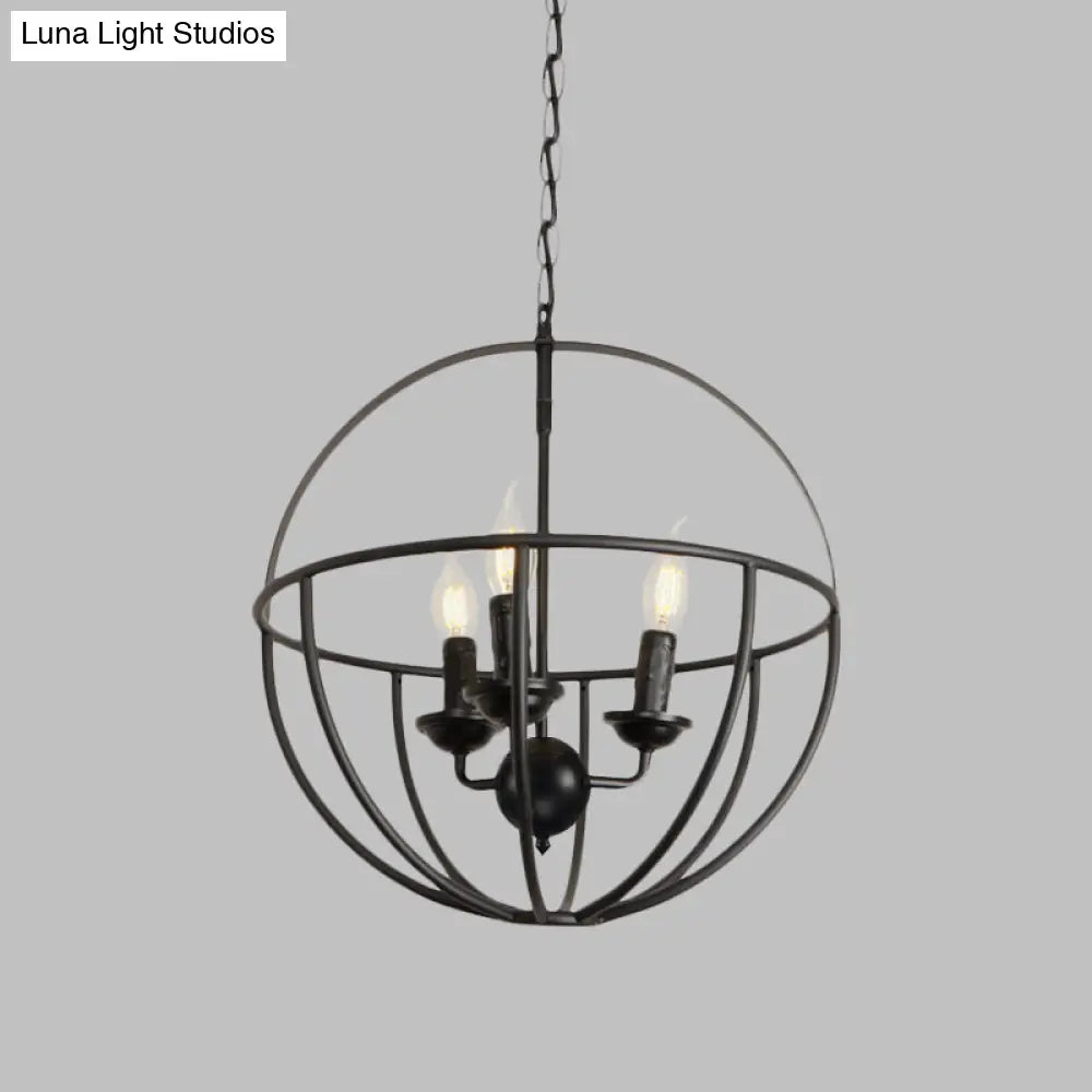 Antique Metallic 3-Light Black Circle Cage Hanging Lamp - Restaurant Chandelier Fixture