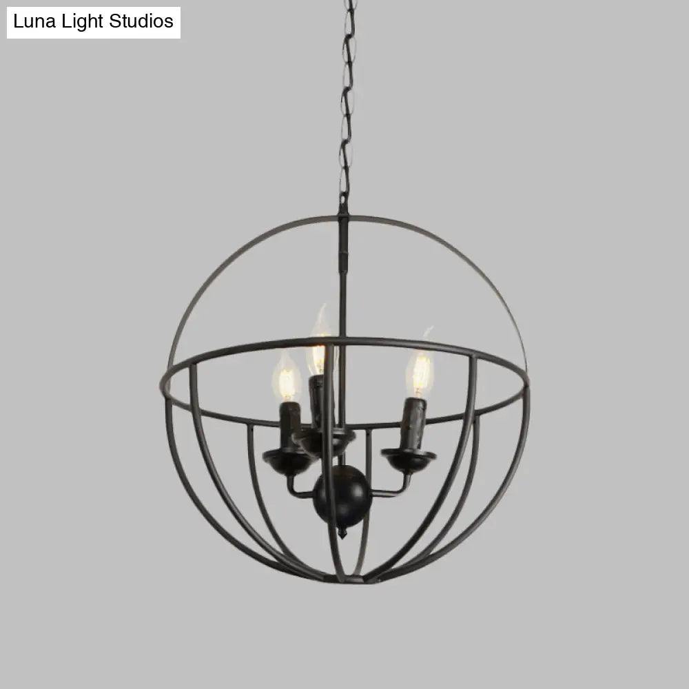 Antique Black Circle Cage Shade Restaurant Chandelier - Metallic 3-Light Hanging Lamp