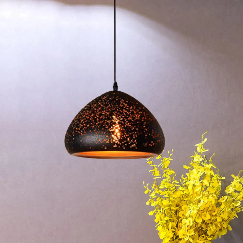 Antique Black Cone/Bowl Pendant Light With Pierced Metal Design / Cone