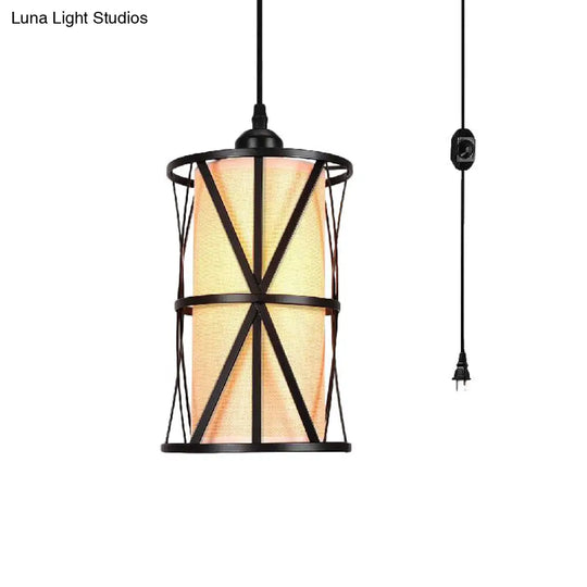 Antique Black Cylinder Pendant Light With Clear Glass And Fabric Shade - Perfect For Living Room