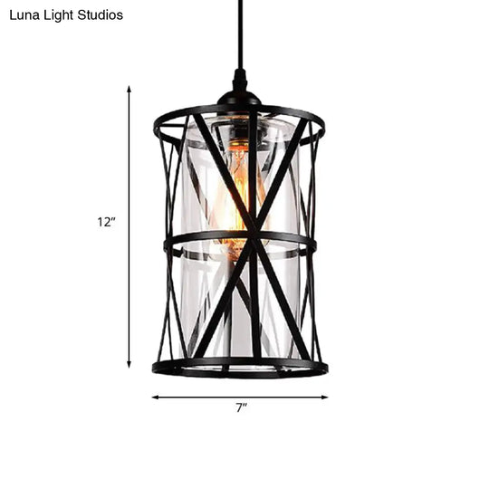 Antique Black Cylinder Pendant Light With Clear Glass And Fabric Shade - Perfect For Living Room