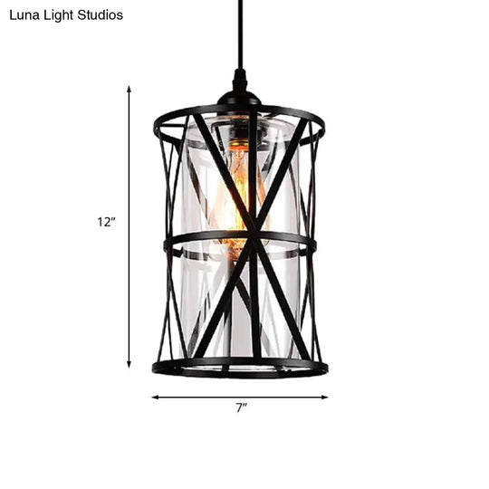 Antique Black Cylinder Pendant Light With Clear Glass/Fabric Shade - Elegant Living Room Ceiling