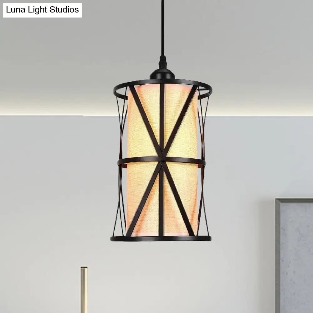 Antique Black Cylinder Pendant Light With Clear Glass/Fabric Shade - Elegant Living Room Ceiling