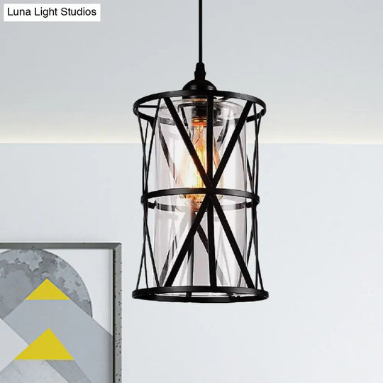 Antique Black Cylinder Pendant Light With Clear Glass And Fabric Shade - Perfect For Living Room