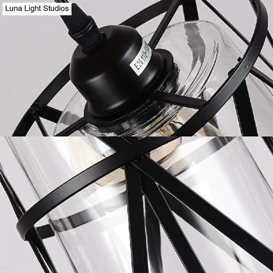 Antique Black Cylinder Pendant Light With Clear Glass And Fabric Shade - Perfect For Living Room