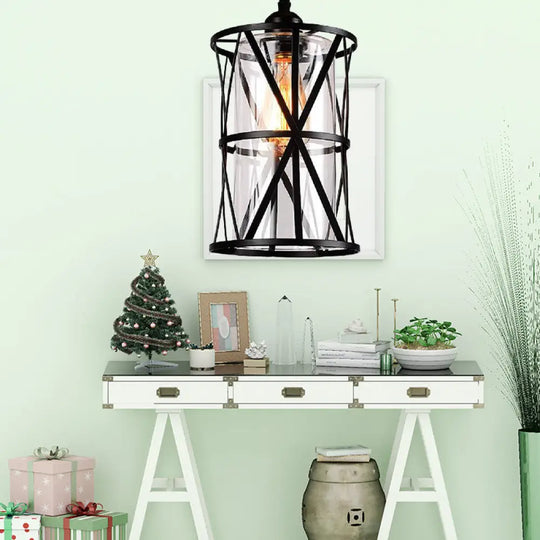 Antique Black Cylinder Pendant Light With Clear Glass/Fabric Shade - Elegant Living Room Ceiling