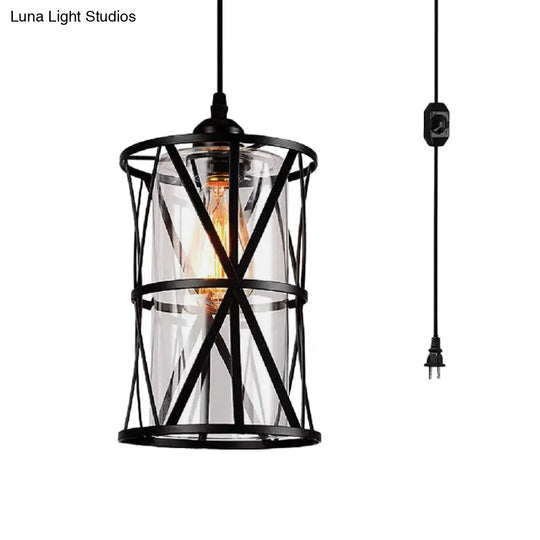 Antique Black Cylinder Pendant Light With Clear Glass And Fabric Shade - Perfect For Living Room