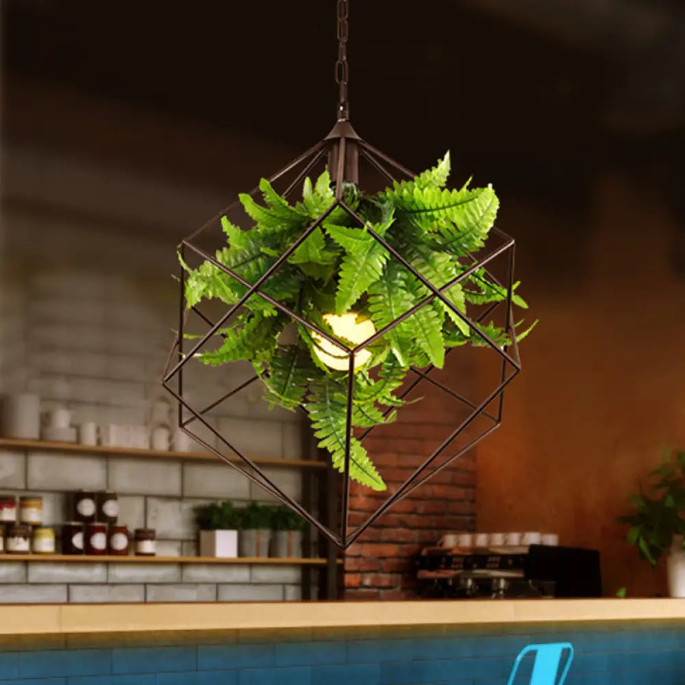 Antique Black Geometric Pendant Lamp With Plant And Led Down Lighting - 16.5’/19.5’ W / 16.5’