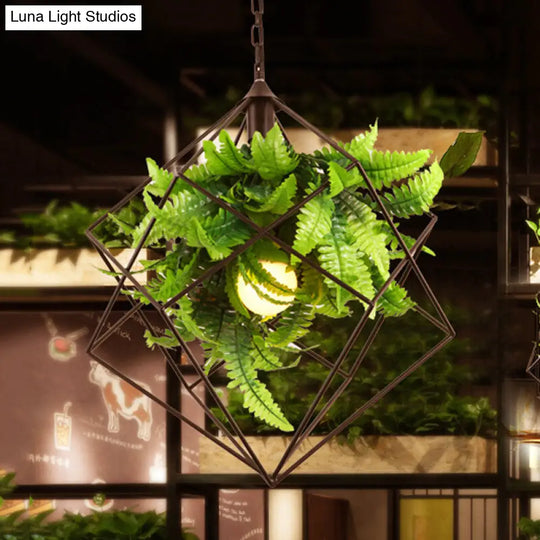 16.5/19.5 Metal Pendant Lamp Antique Black Geometric Led Down Lighting For Restaurants With Plant