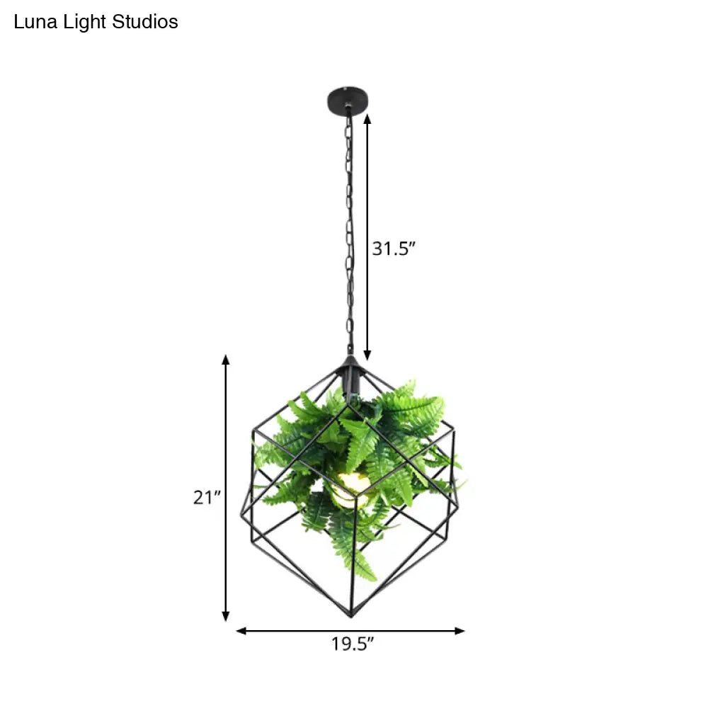 Antique Black Geometric Pendant Lamp With Plant And Led Down Lighting - 16.5’/19.5’ W