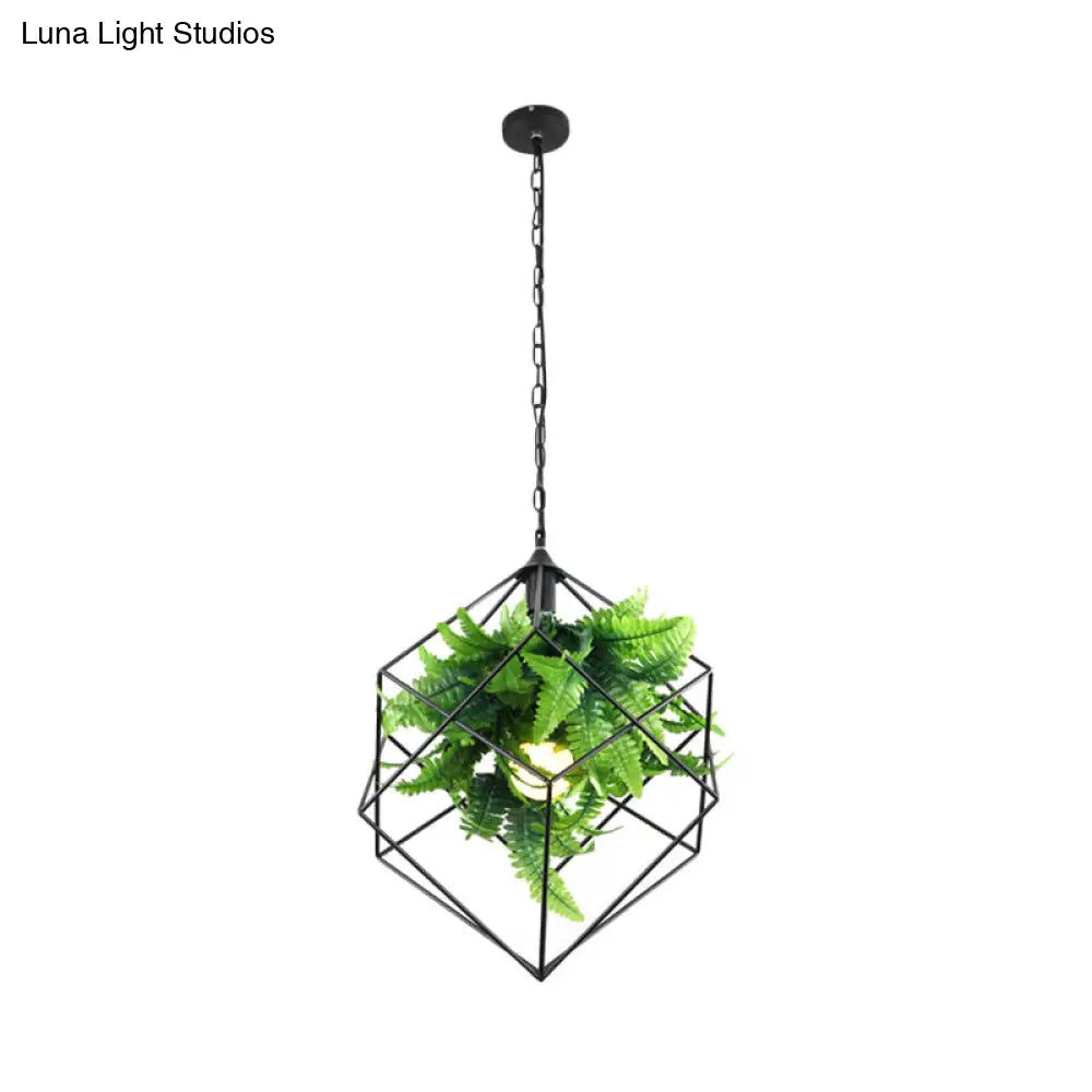 16.5/19.5 Metal Pendant Lamp Antique Black Geometric Led Down Lighting For Restaurants With Plant