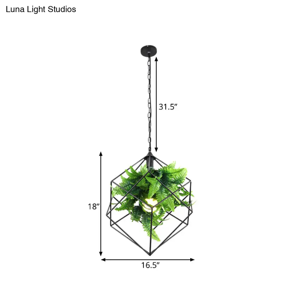 16.5/19.5 Metal Pendant Lamp Antique Black Geometric Led Down Lighting For Restaurants With Plant