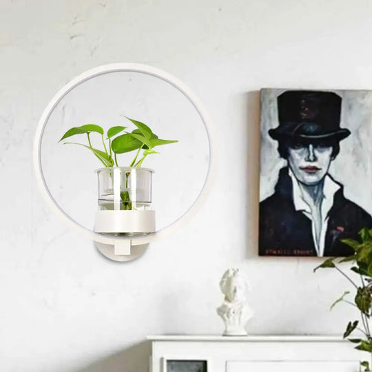 Antique Black/Grey/White Metal Sconce Light For Bedroom Wall Mount - Circular Design With Plant Cup