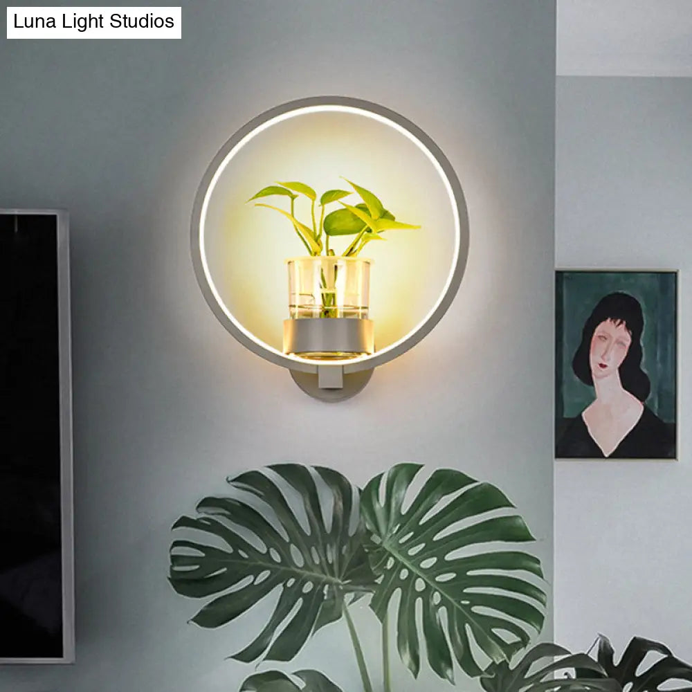 Antique Black/Grey/White Metal Sconce Light For Bedroom Wall Mount - Circular Design With Plant Cup