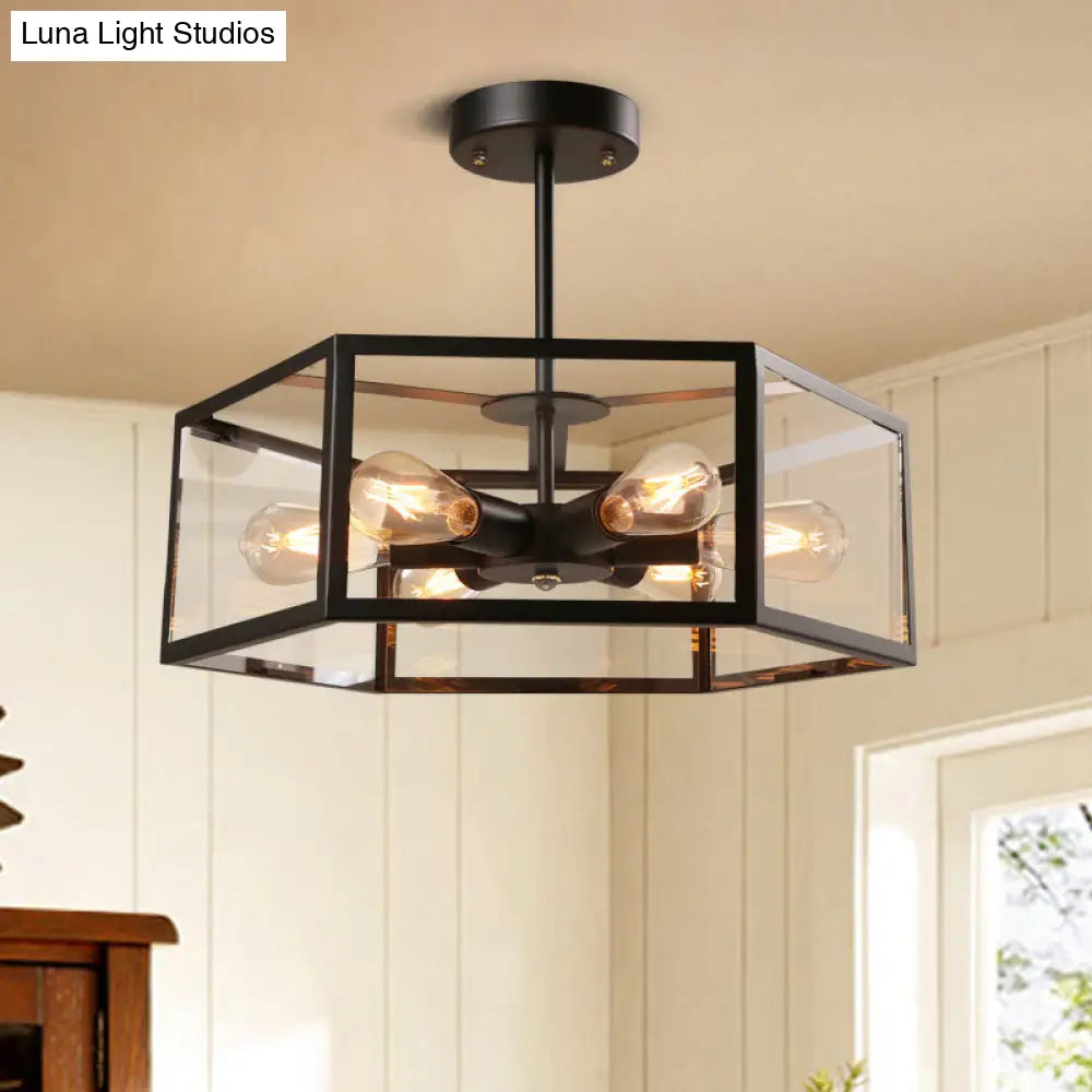 Antique Black Hexagon Semi Flush Light Fixture - 6 Lights Clear Glass Close To Ceiling Lamp