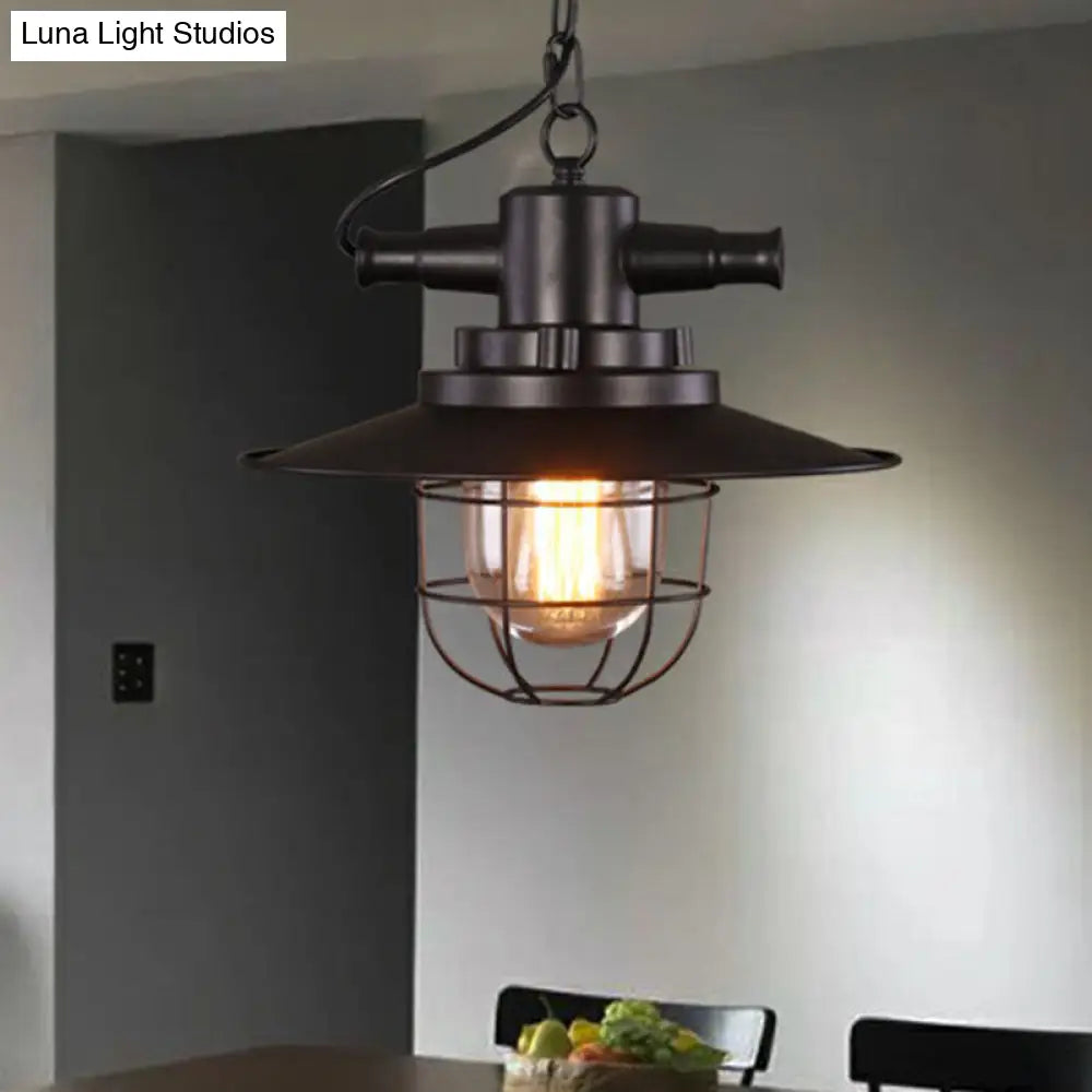 Iron Pendant Light - Antique 1-Light Restaurant Hanging Fixture In Black With Pot Lid Design