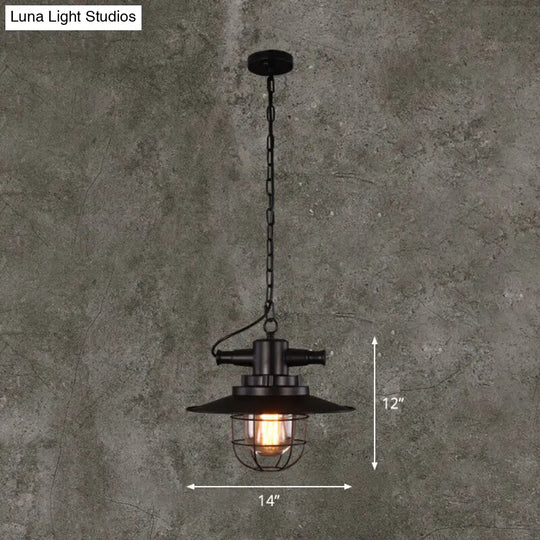 Iron Pendant Light - Antique 1-Light Restaurant Hanging Fixture In Black With Pot Lid Design