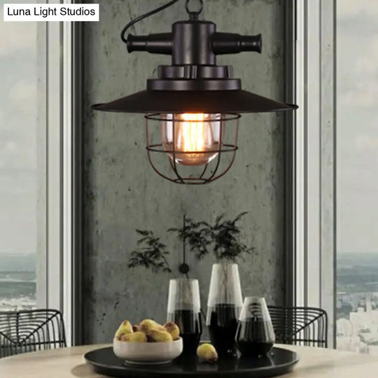 Iron Pendant Light - Antique 1-Light Restaurant Hanging Fixture In Black With Pot Lid Design